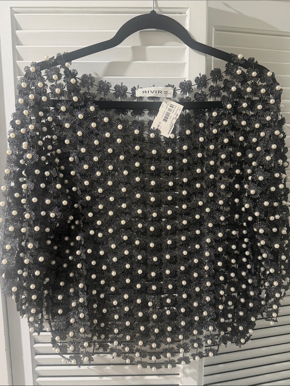 RIVIR Black Pearl-Embellished Floral Mesh Top